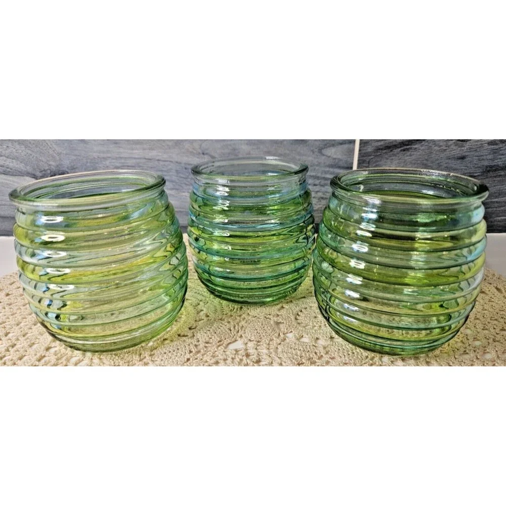 Set of 3 Votive Candle Holders Ribbed Glass Green &Yellow